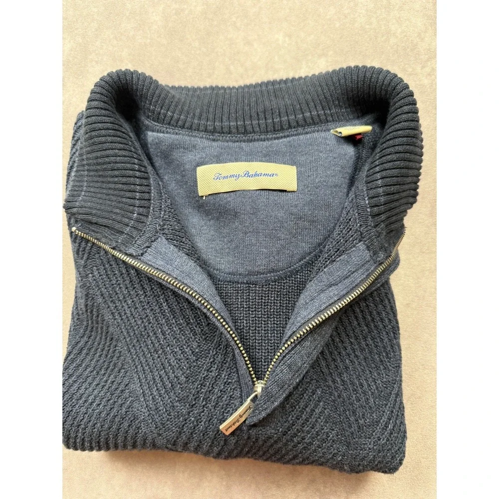 Tommy Bahama Mens XL Navy Blue Pima Cotton Diamond Knit 1/4 Zip Mock Sweater
